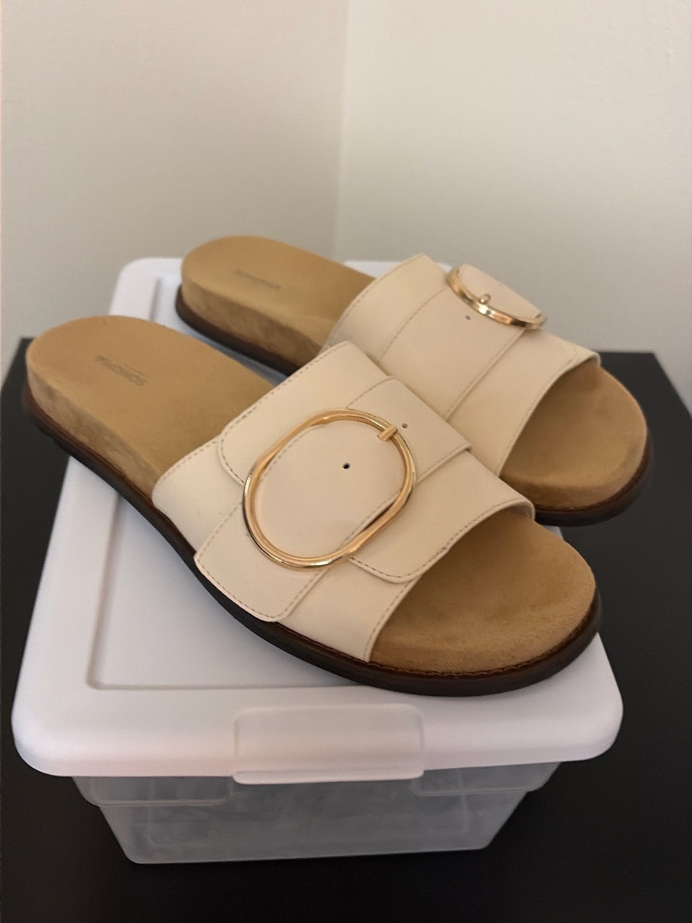 Women's Cream Slide Sandals with Gold Buckle